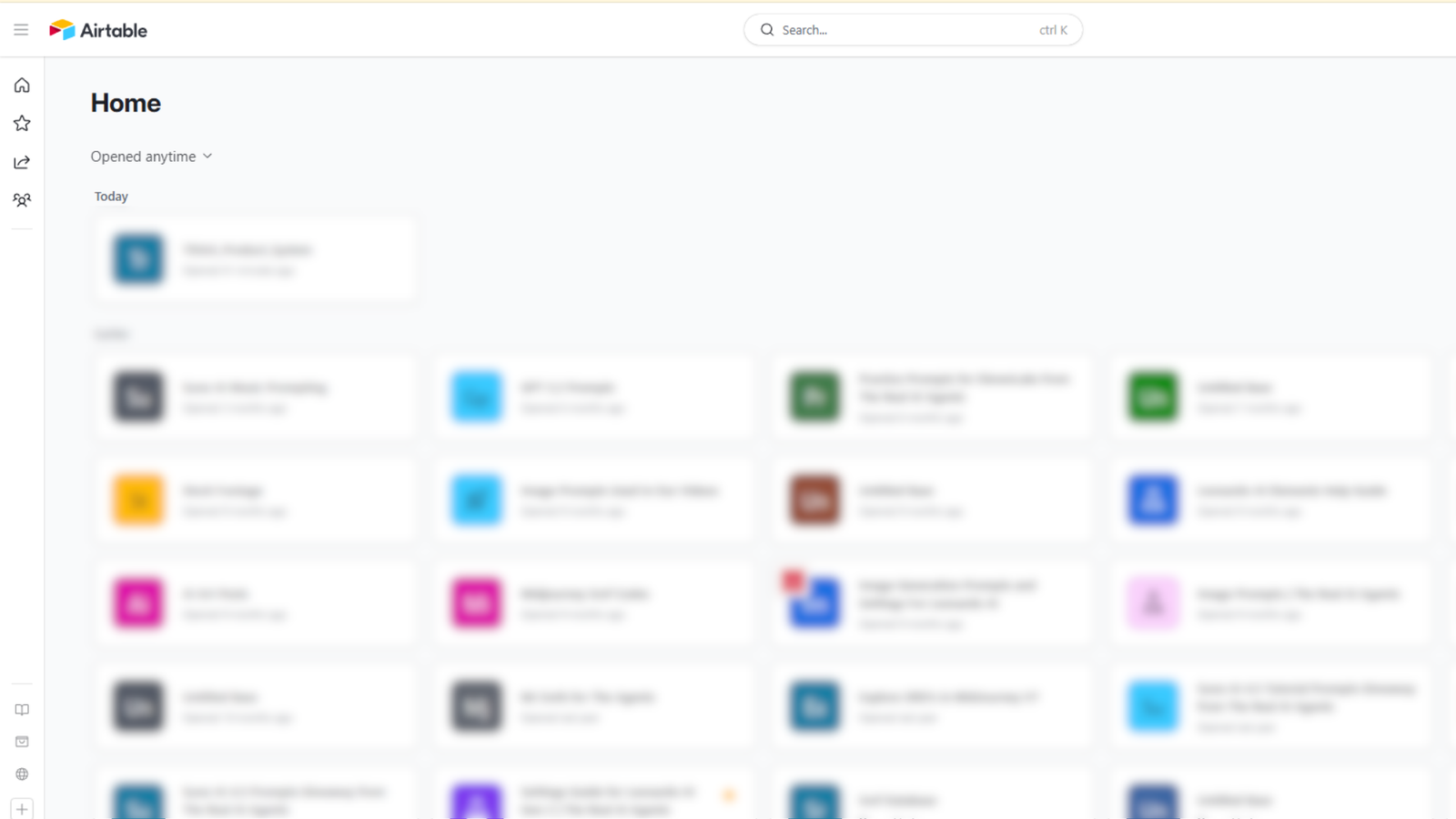 Airtable home dashboard showing a blurred workspace overview with multiple databases for AI workflow organization.