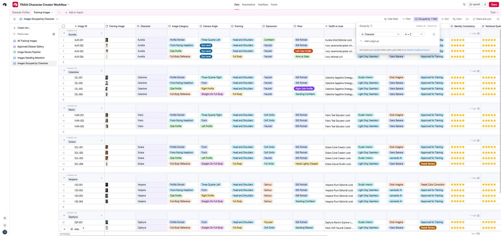 Airtable grid view grouping AI training images by character to show multiple reference images per identity.