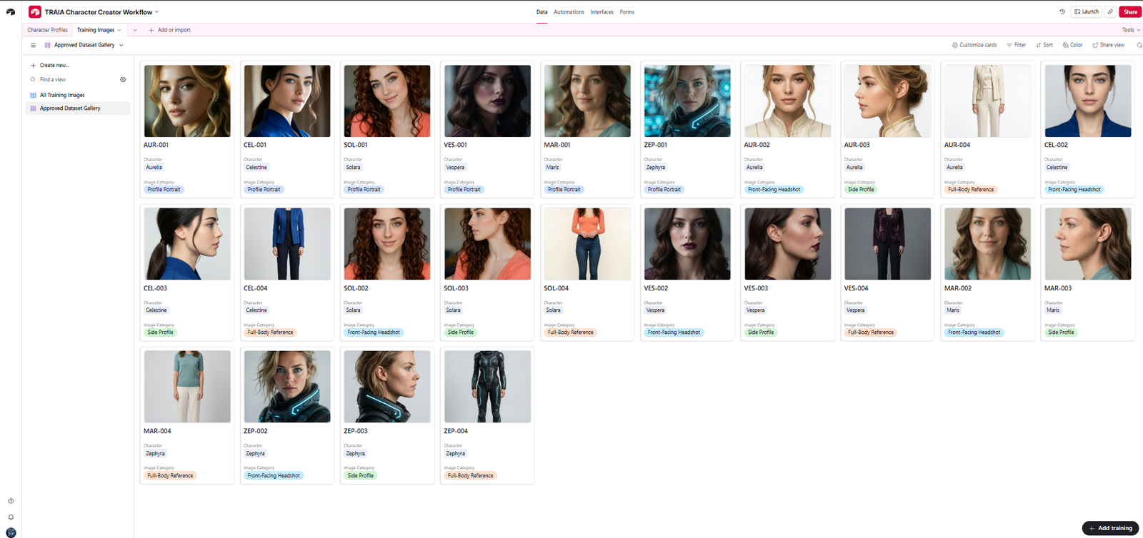 Airtable linked record selector showing character profiles available to connect to a training image record.