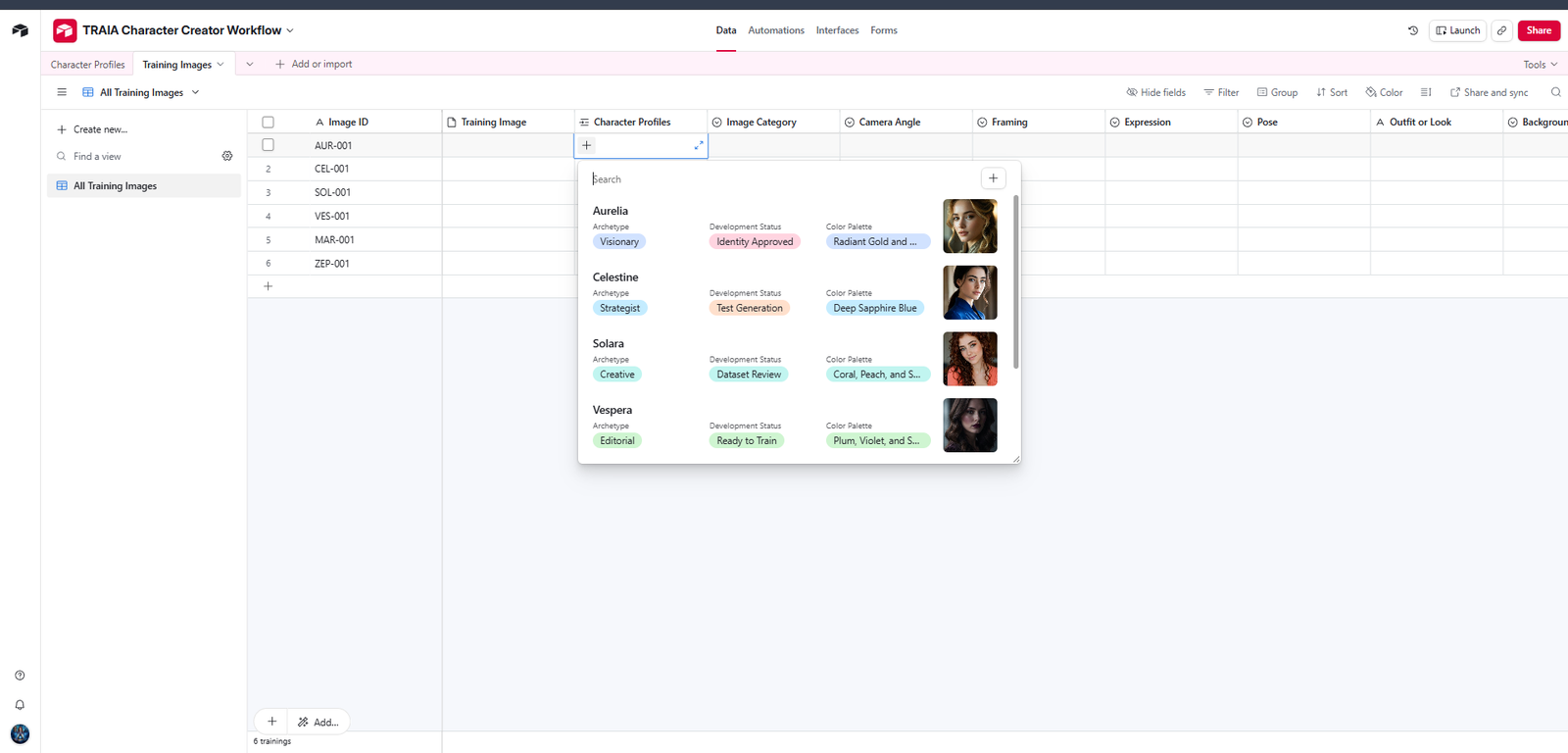 Airtable expanded character profile showing linked training image records connected to one AI character.