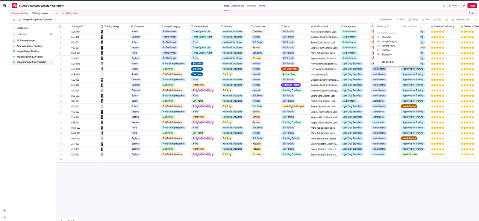 Airtable grid view showing AI training images with metadata such as character, image category, pose, and dataset decision.