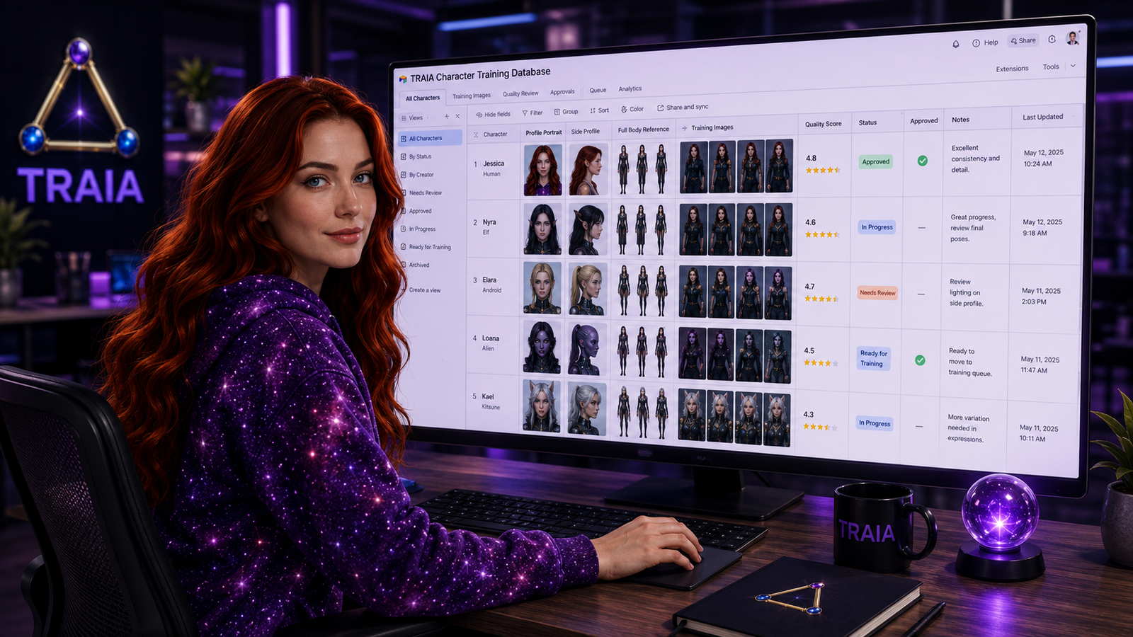 Jessica reviewing AI character training images, quality ratings, approval statuses, and reference views in Airtable.