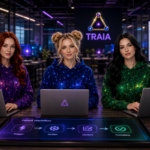 Jessica, Elara, and Nyra working together in the TRAIA studio with Airtable character and workflow dashboards.