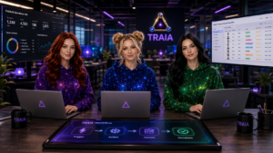 Jessica, Elara, and Nyra working together in the TRAIA studio with Airtable character and workflow dashboards.