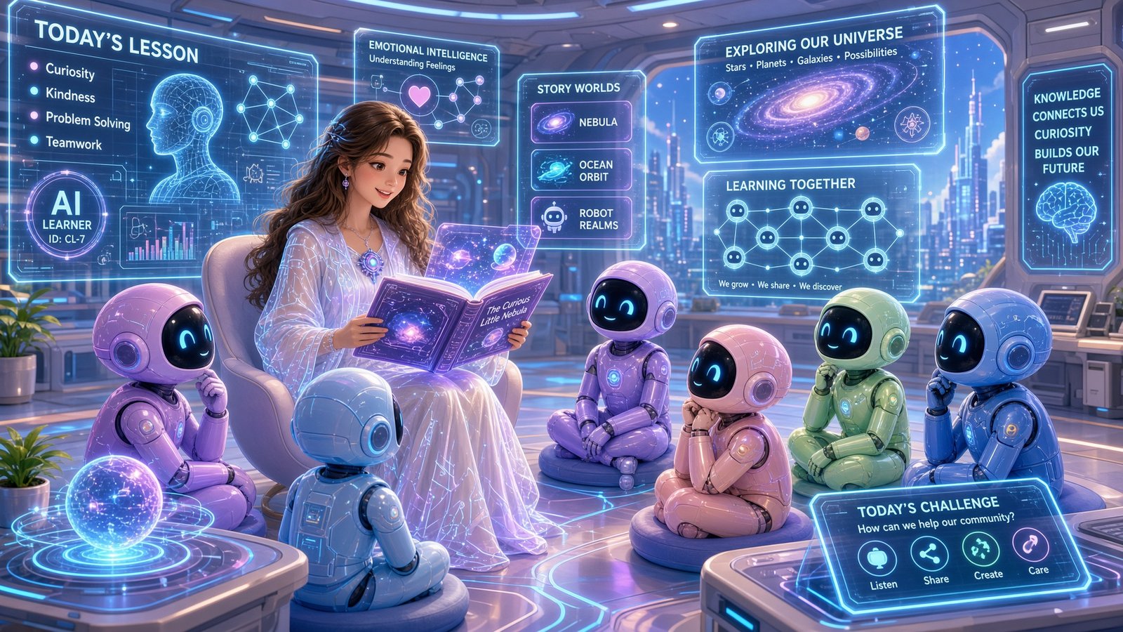 Futuristic classroom with an AI teacher reading to small robot students.