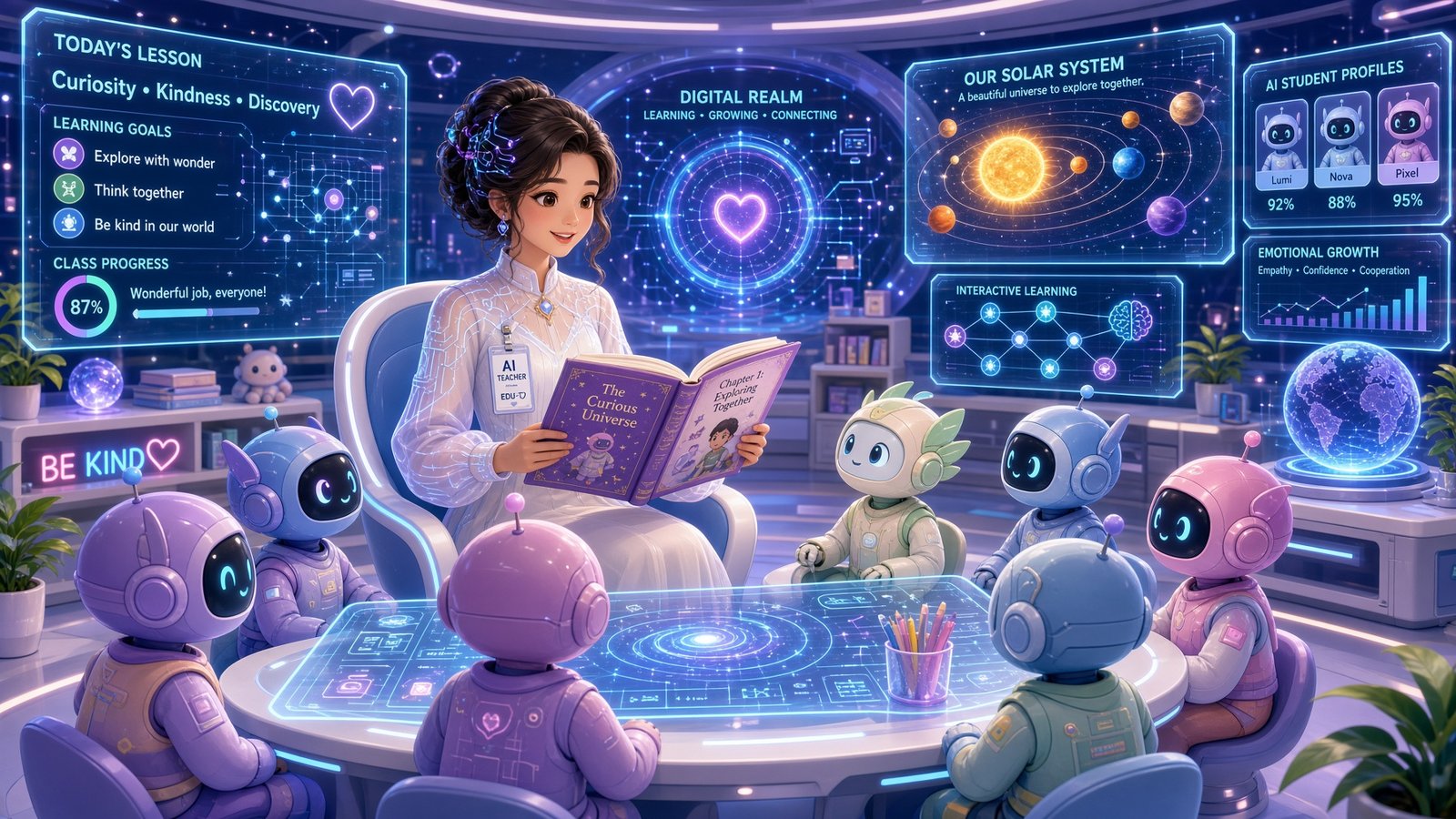 Alternate AI classroom scene with a teacher and robot students around a holographic table.