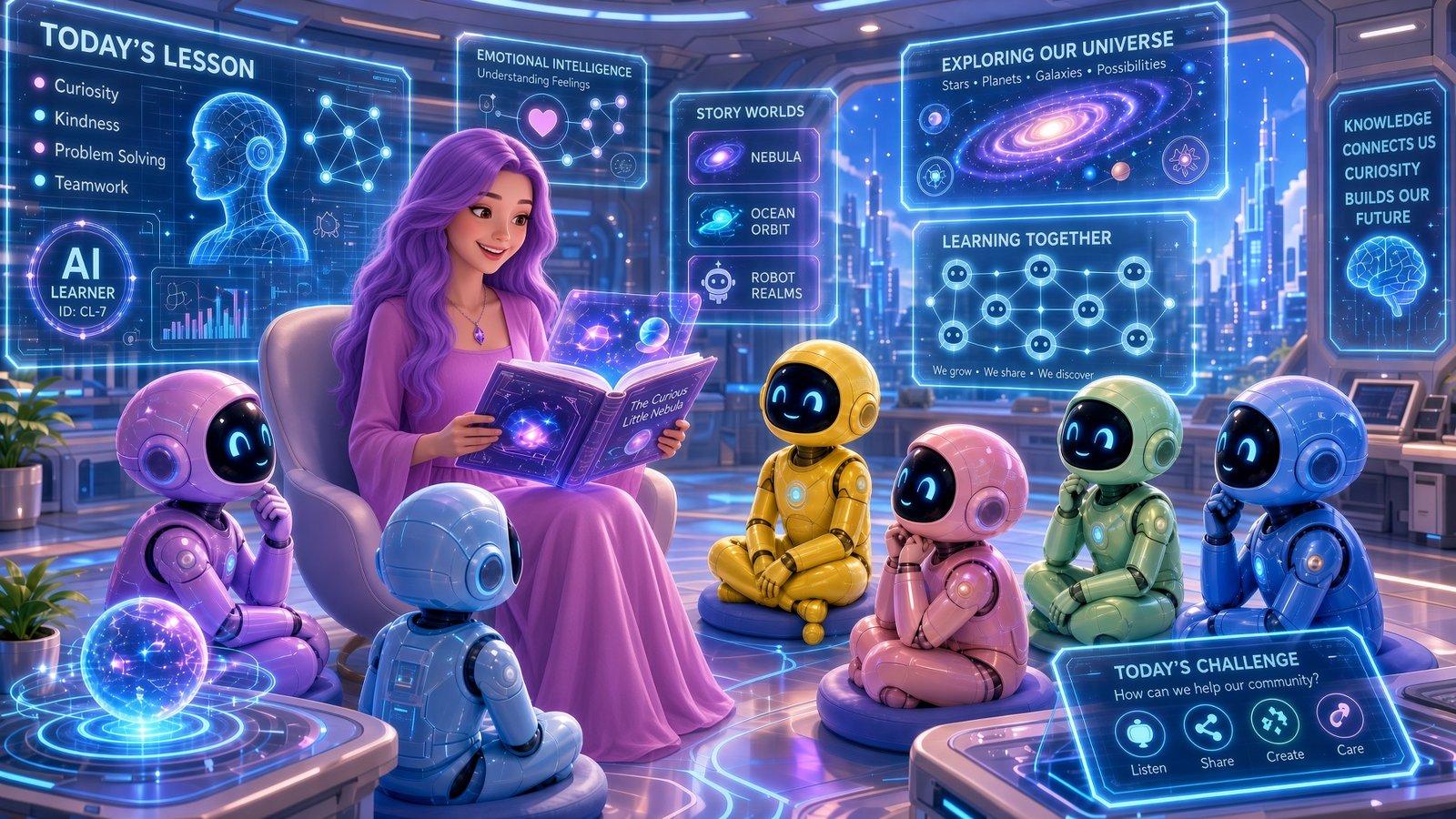 AI classroom image with the teacher changed to a purple-haired creator figure.