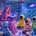 Futuristic AI classroom with a purple-haired teacher, robot students, holographic displays, and the TRAIA emblem integrated on the wall.