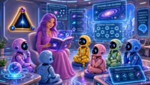 Futuristic AI classroom with a purple-haired teacher, robot students, holographic displays, and the TRAIA emblem integrated on the wall.