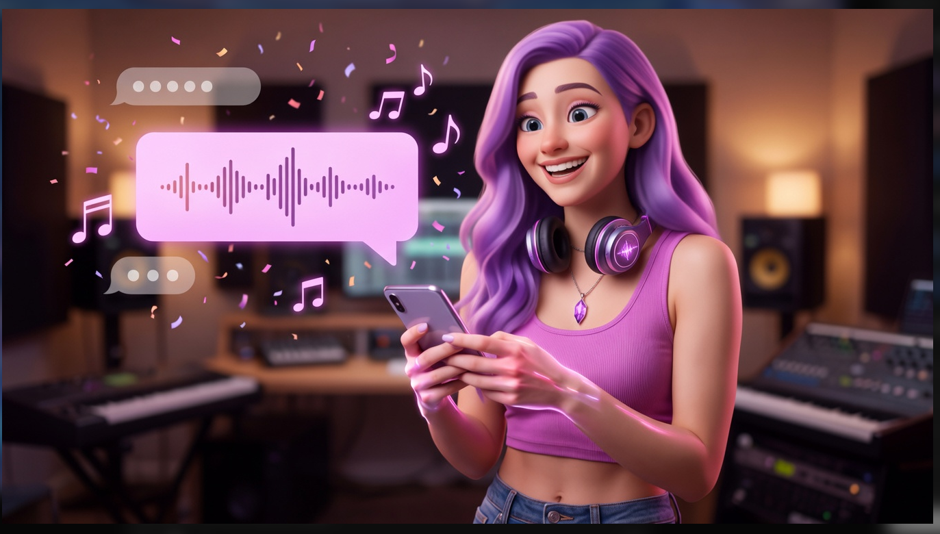 Purple-haired smiling creator in a music studio holding a phone.