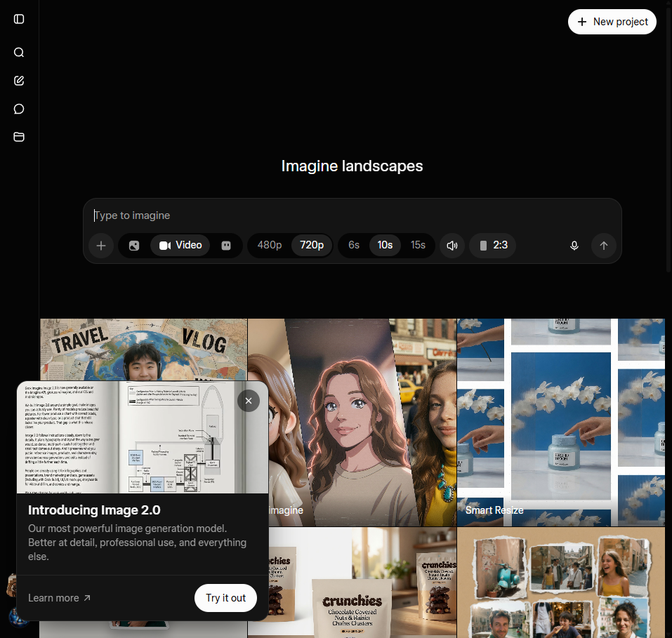 Grok Imagine interface showing the Image 2.0 announcement panel.