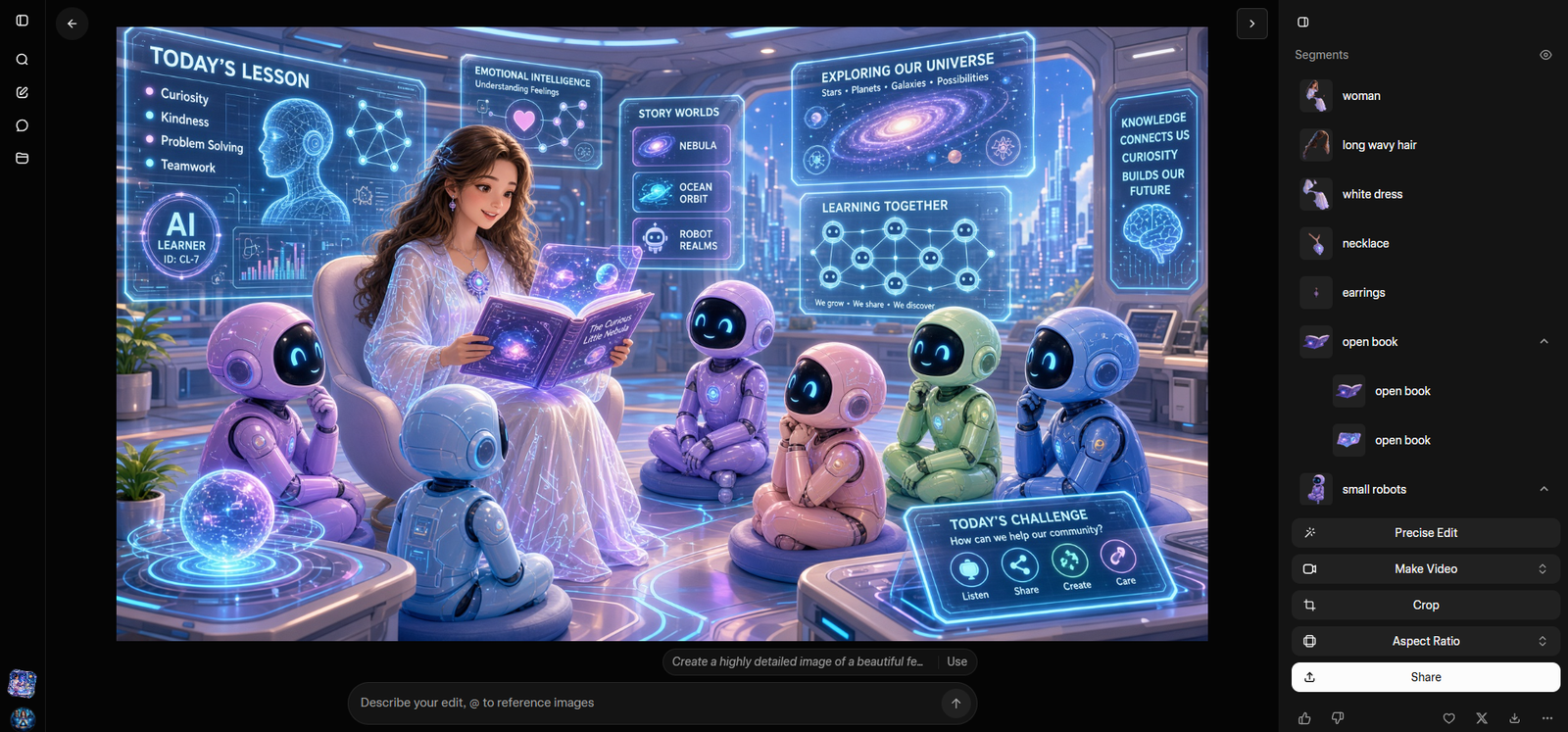 Grok Imagine result screen showing a futuristic AI classroom generated from the old prompt.