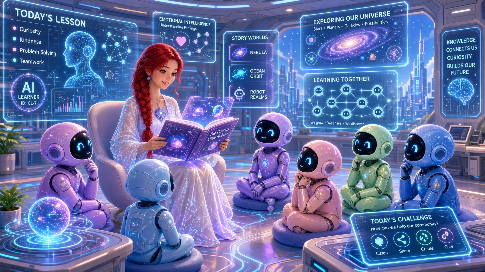 AI teacher with dark red braided hair reading to robot students.