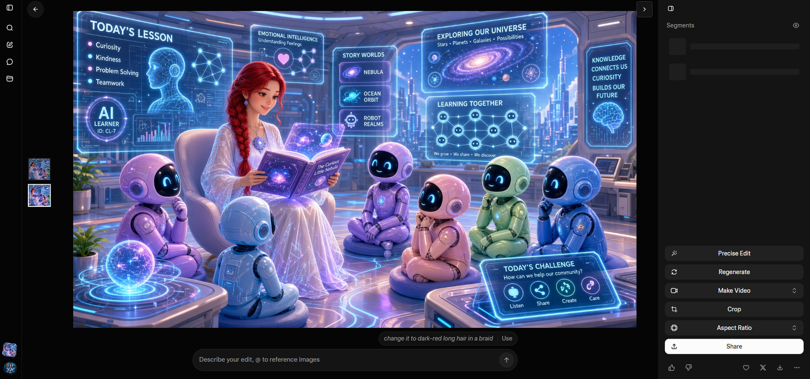 Grok Imagine screen showing the hair-change prompt under the edited classroom image.