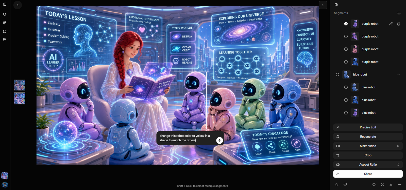 Grok Imagine precise edit screen with one robot selected and a prompt to change its color.