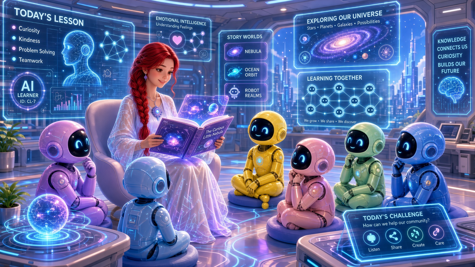 Classroom image with the teacher's red braid and a yellow robot among the students.