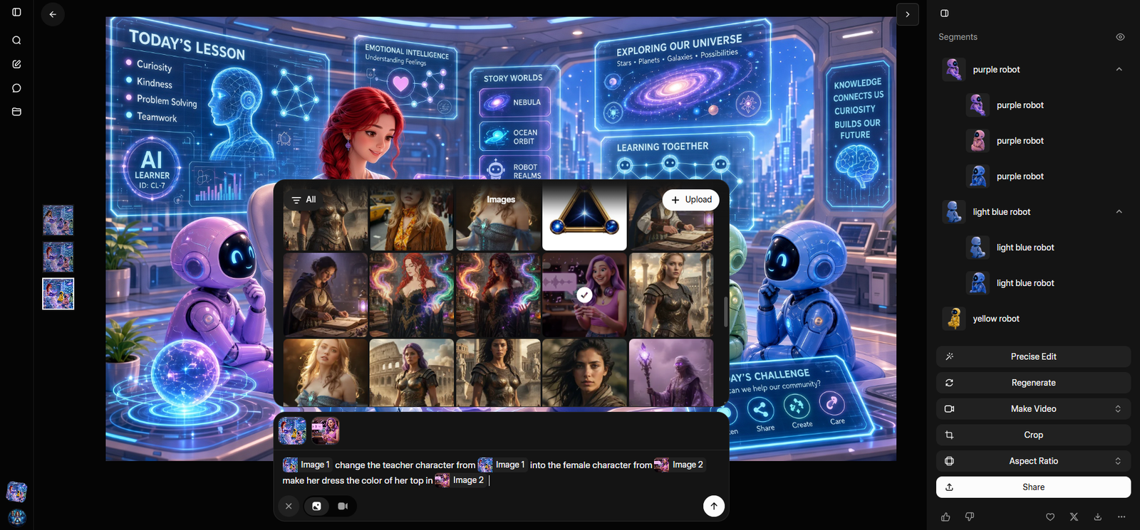 Grok Imagine interface showing the classroom and a reference image being used to change the teacher character.