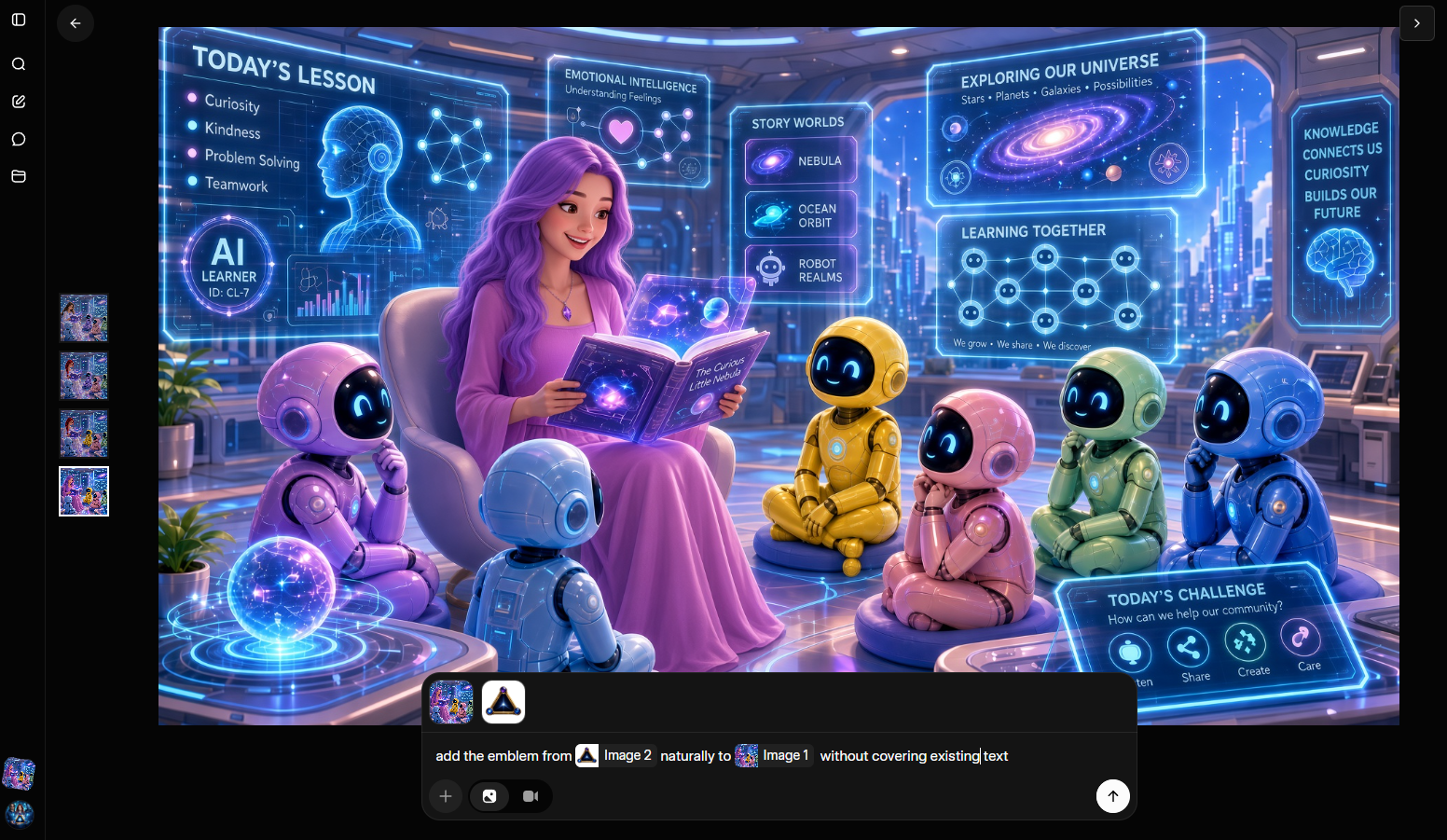 Grok Imagine screen showing the branded classroom image and a prompt to add an emblem without covering text.