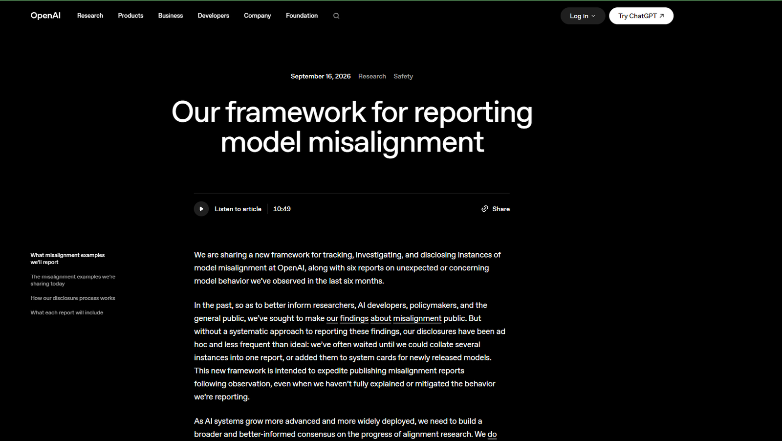 OpenAI framework explaining how the company reports unexpected or potentially misaligned model behavior.