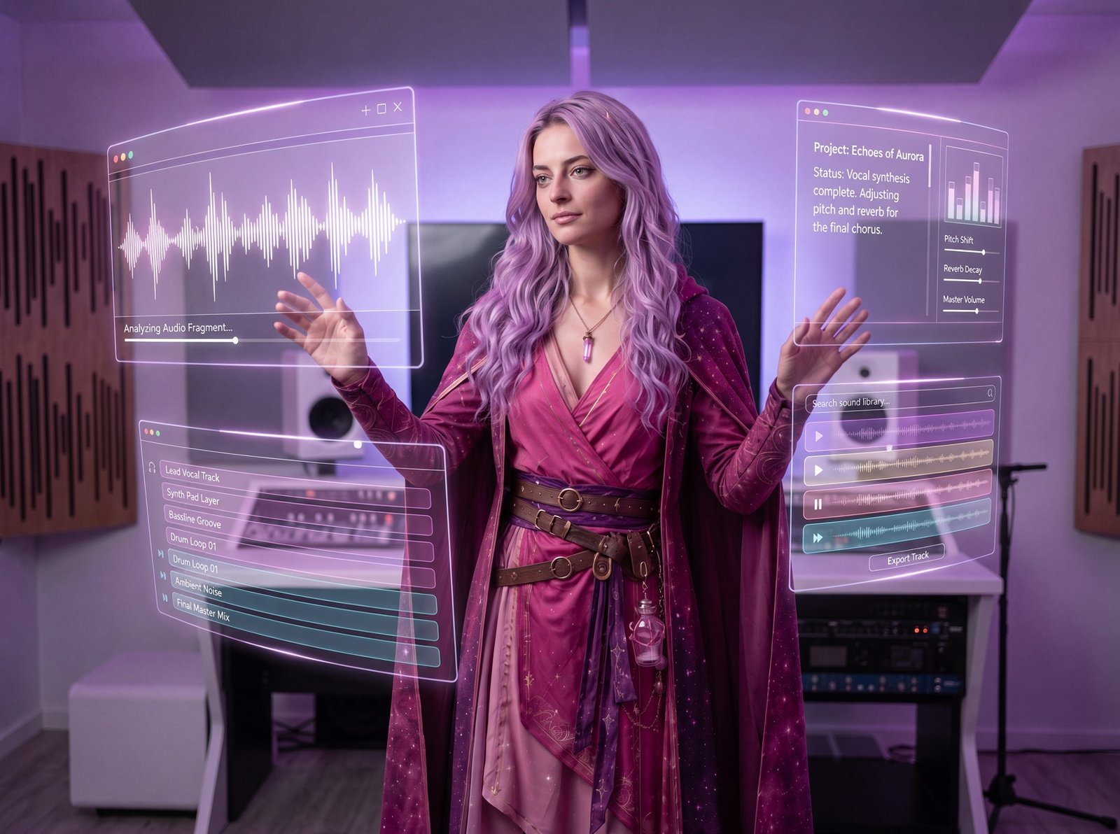 Lavender-haired creator reviewing audio analysis, vocal tracks, sound layers, and export controls in a recording studio.
