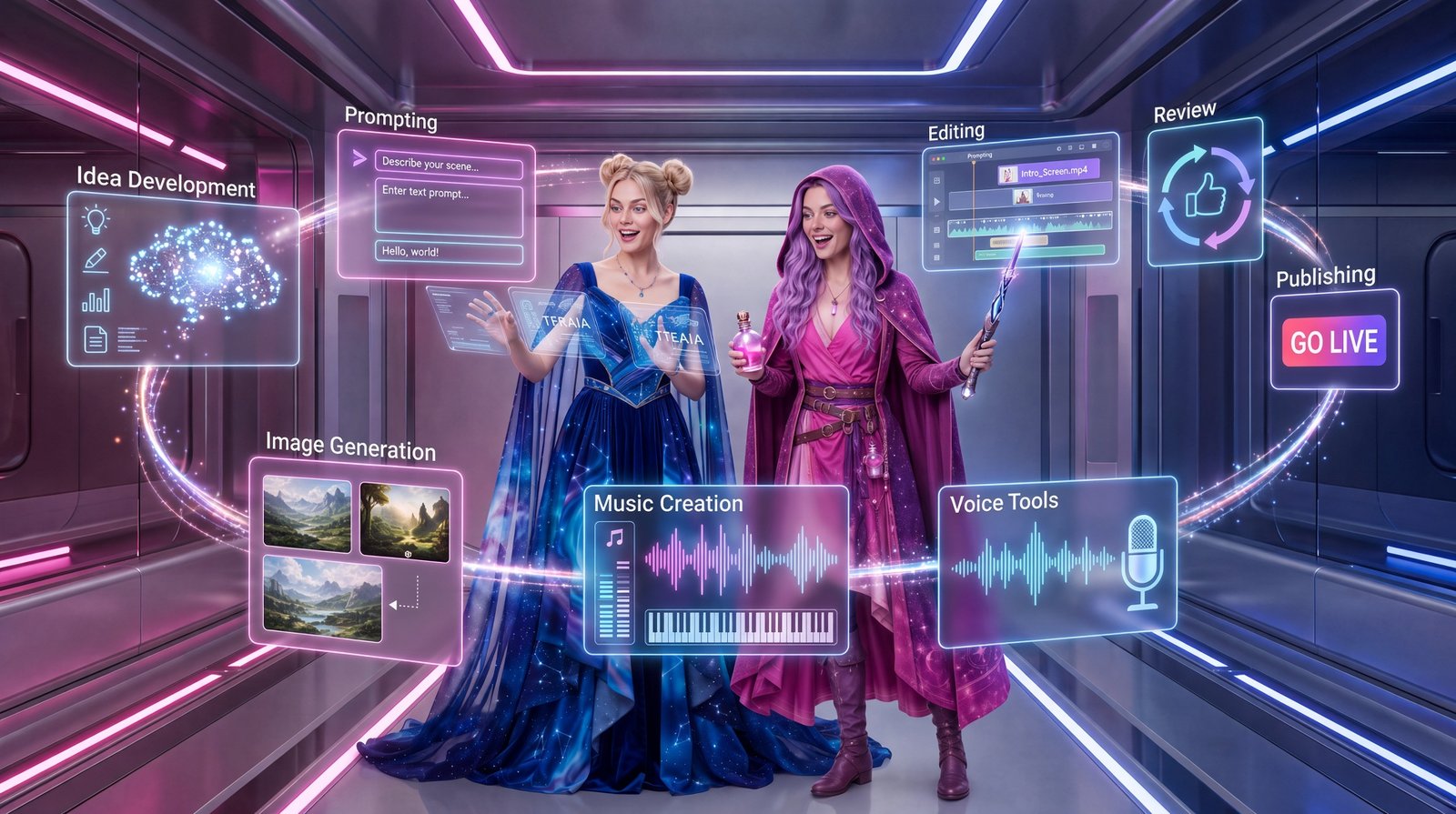 Two celestial-styled creators surrounded by connected panels for prompting, image generation, music, voice, editing, review, and publishing.