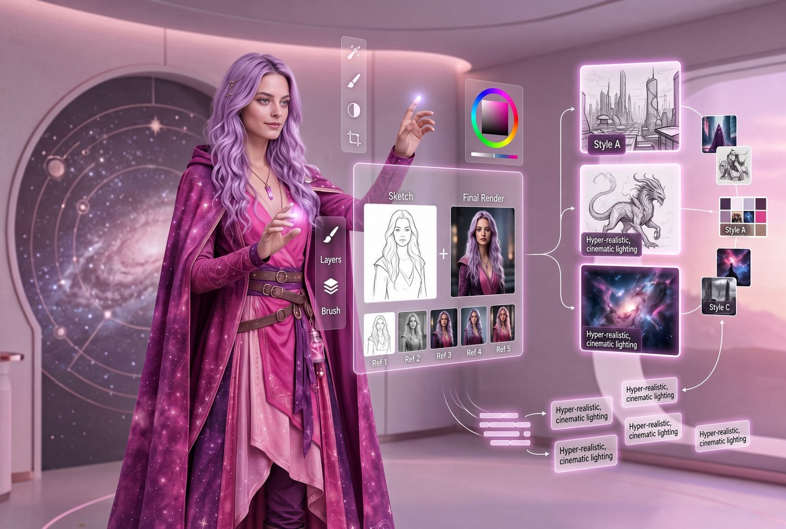 Lavender-haired creator guiding a visual workflow from sketch and reference images to styled final renders.