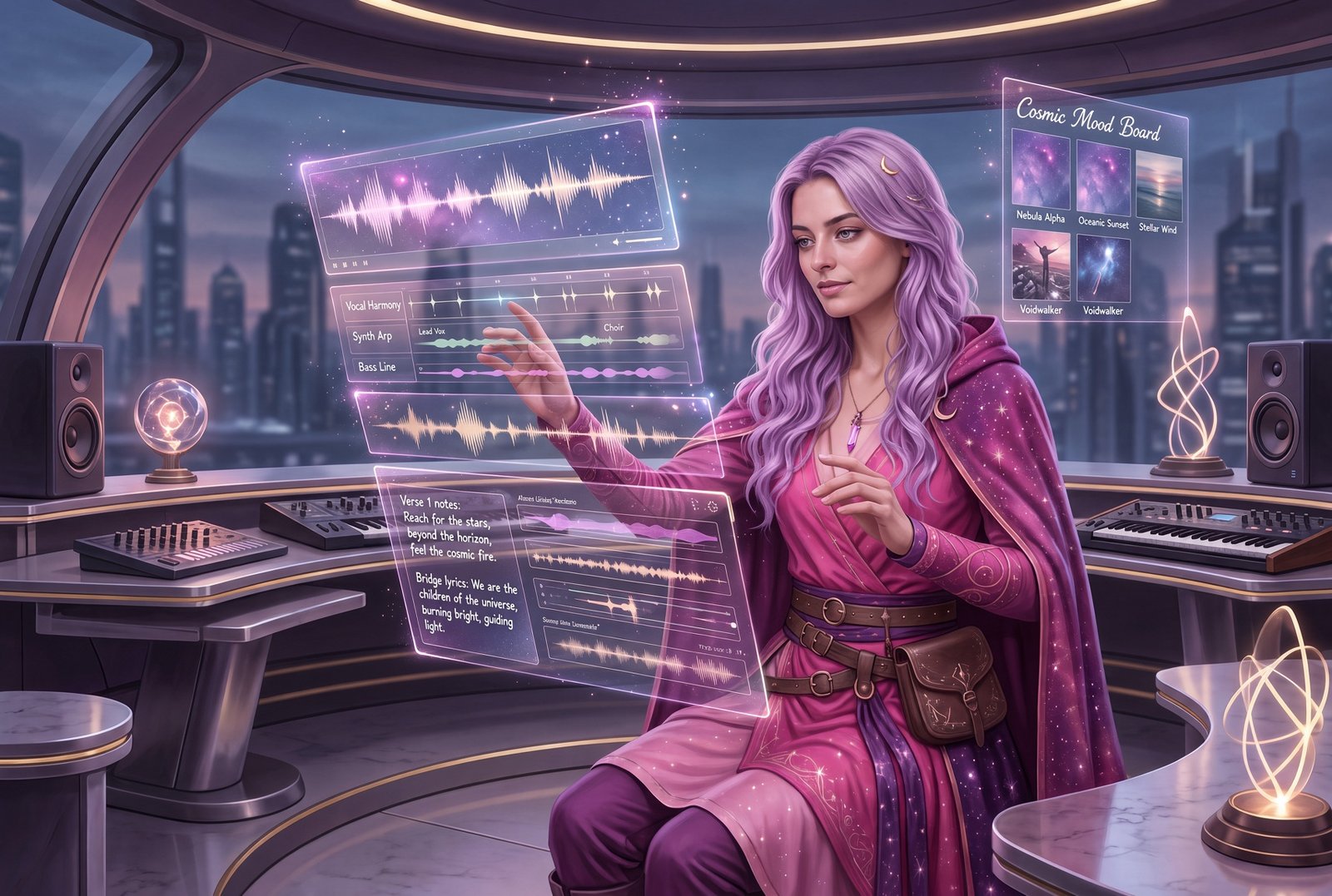 Lavender-haired creator arranging waveforms, vocal layers, lyrics, and a cosmic mood board in a futuristic music studio.