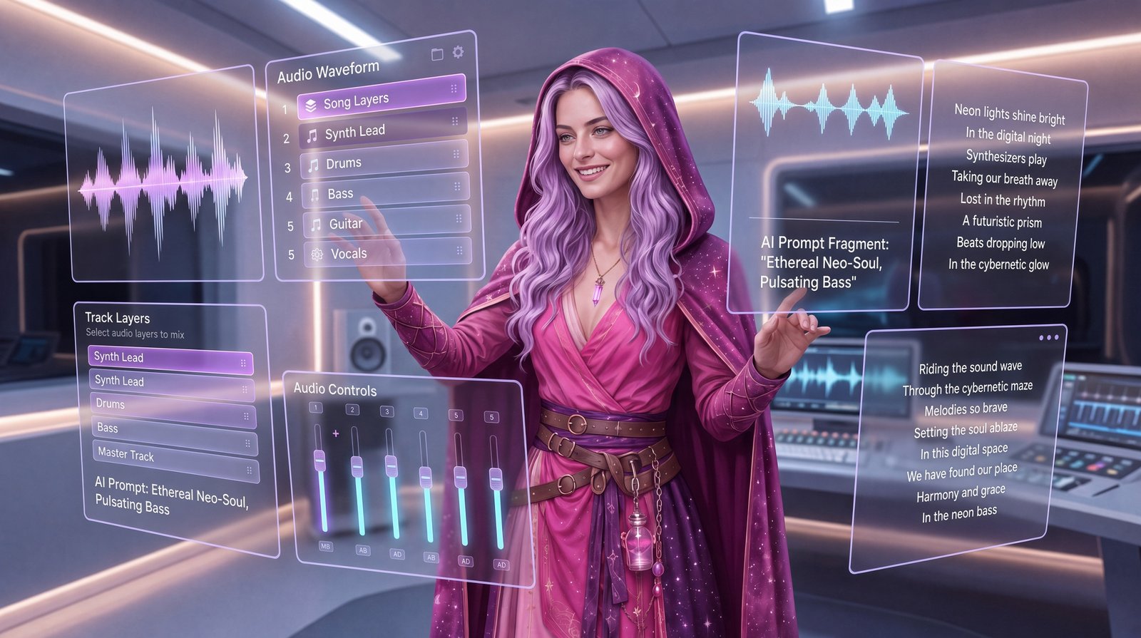 Lavender-haired creator working with song layers, audio waveforms, lyric panels, and AI music prompt controls.