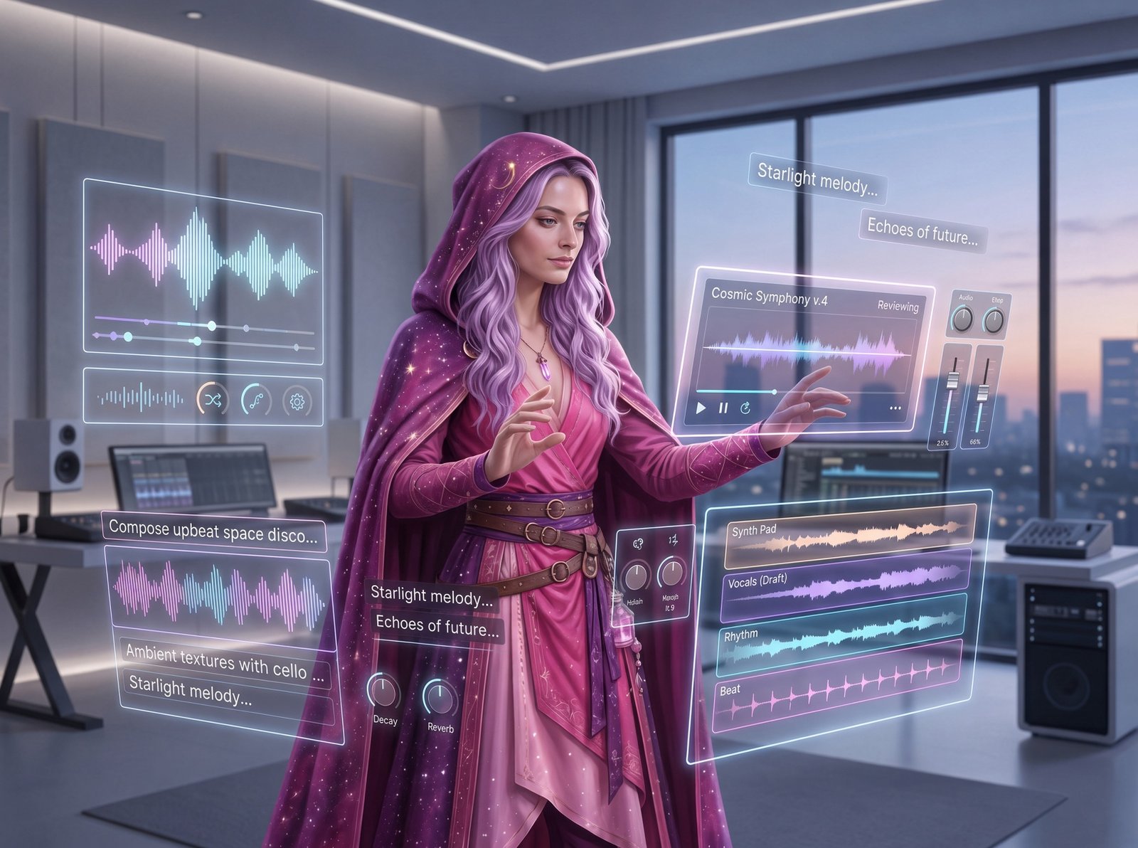 Lavender-haired creator adjusting prompt-driven music tracks, waveform layers, and audio controls in a modern studio.