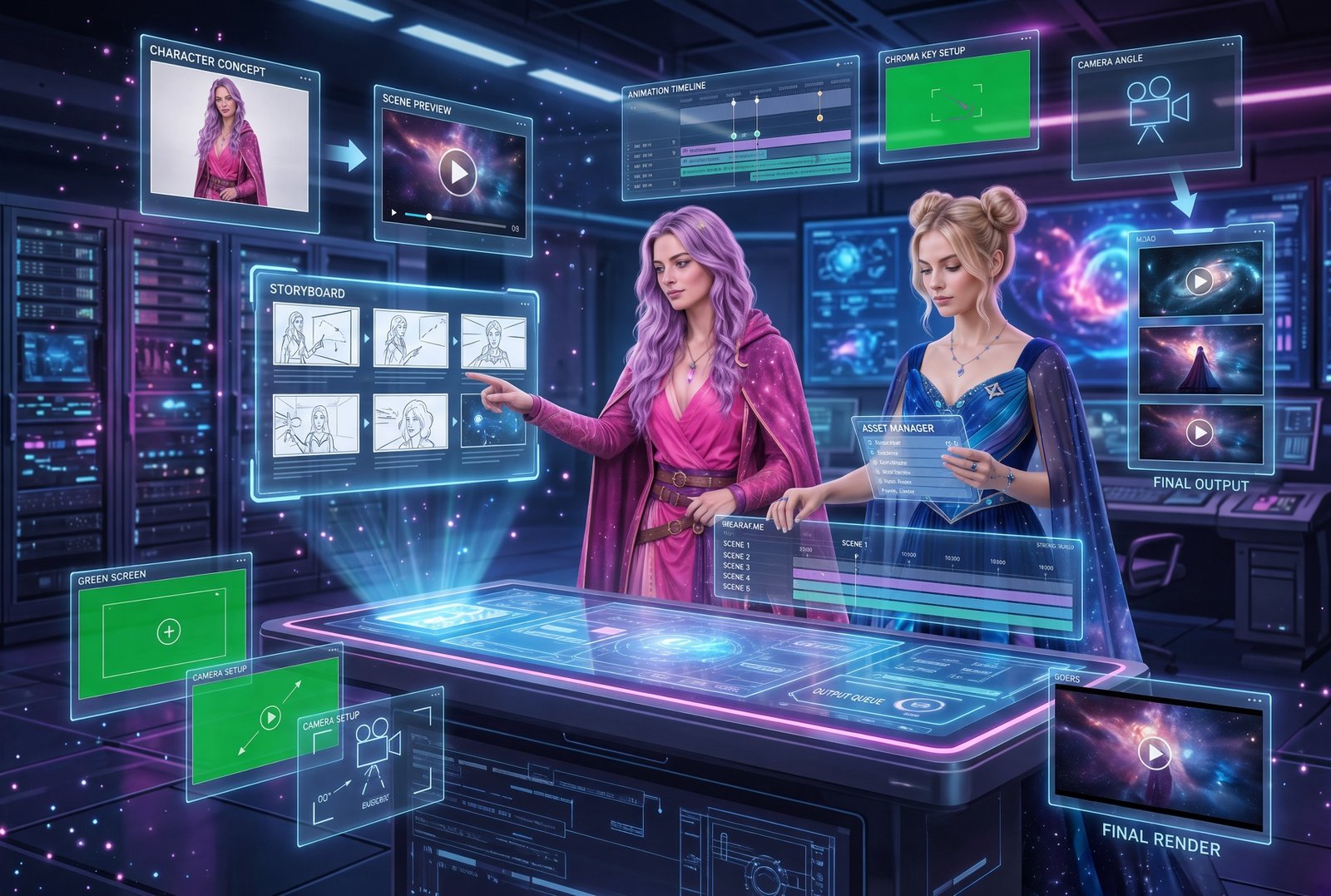 Two celestial-styled creators reviewing storyboards, animation timelines, camera controls, asset management, and final video outputs in a futuristic studio.