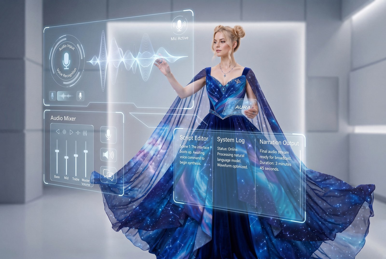 Blonde celestial-styled creator using voice recognition, script editing, audio mixing, and narration output panels.