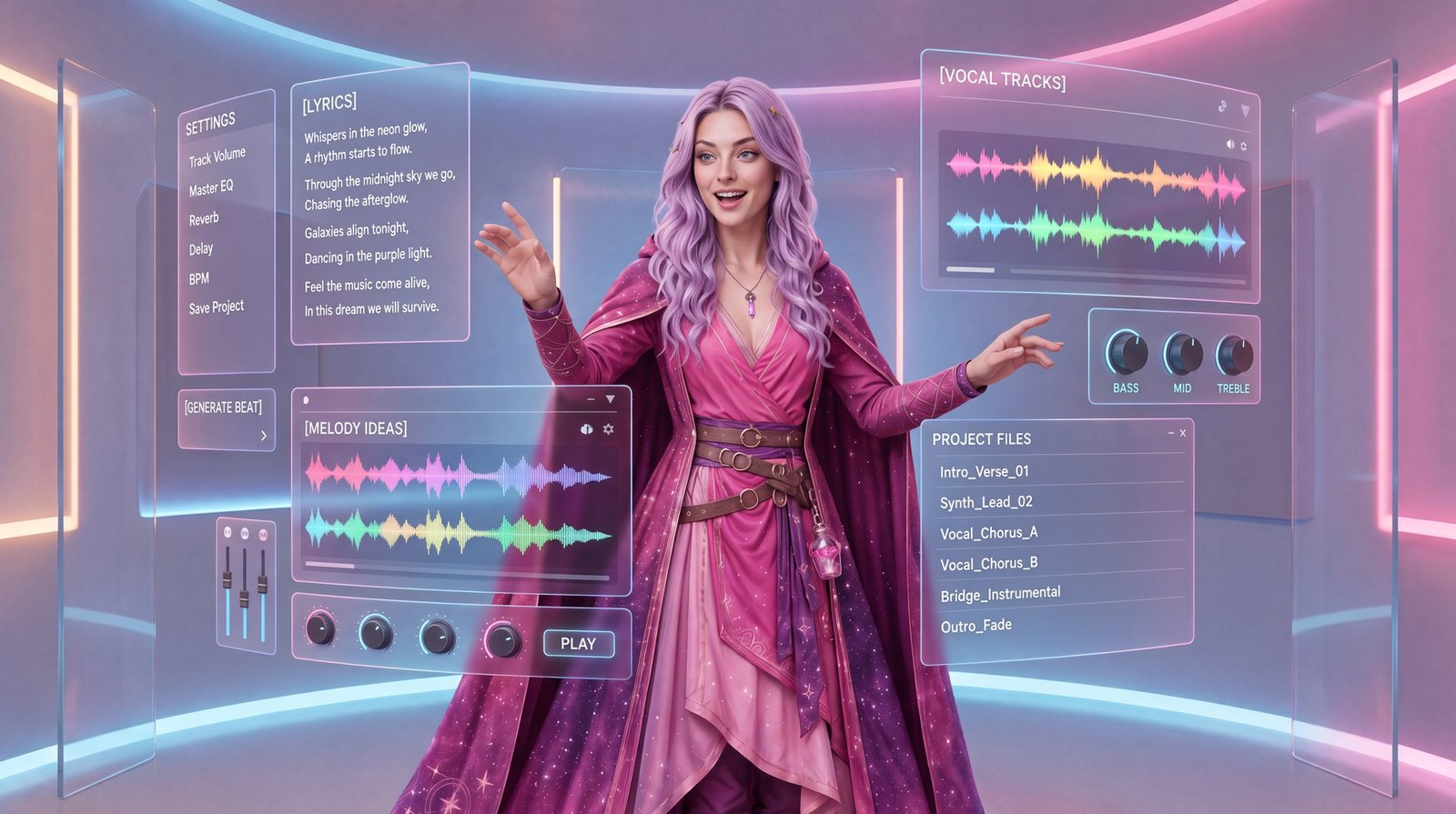 Lavender-haired creator organizing lyrics, melody ideas, vocal tracks, settings, and project files across structured production panels.