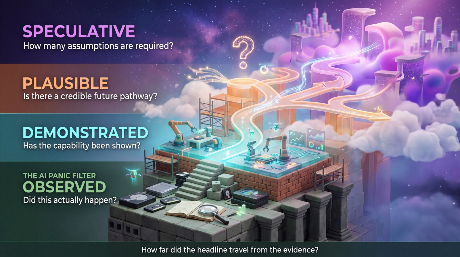 The AI Panic Filter separates observed behavior, demonstrated capability, plausible risk and speculative outcomes.