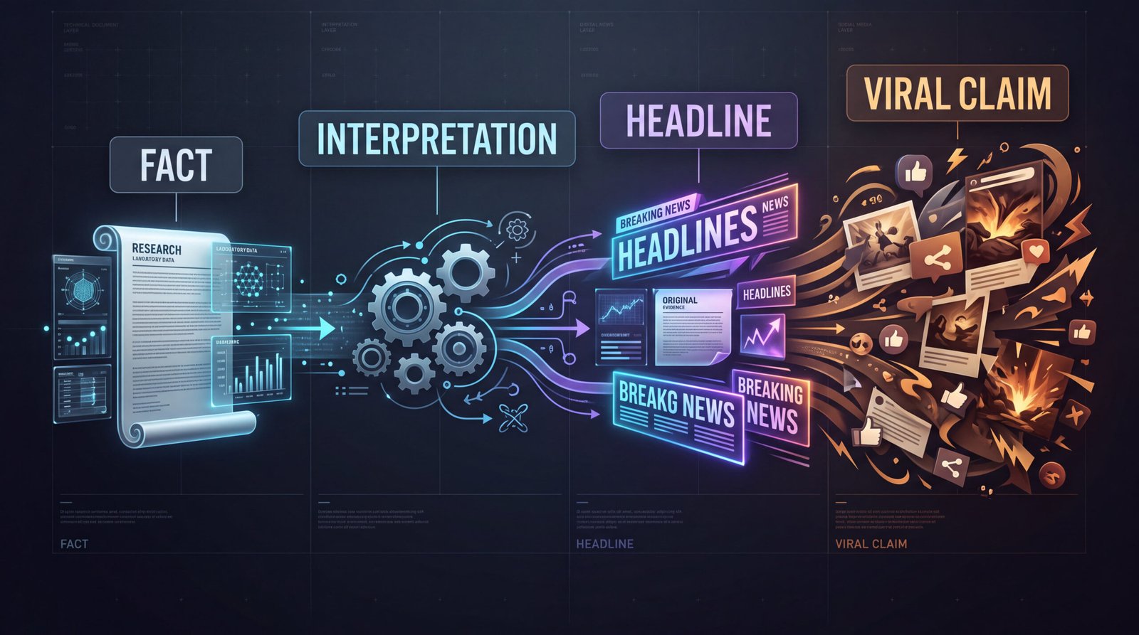 AI research moves from fact to interpretation, headline and viral claim as nuance is lost.