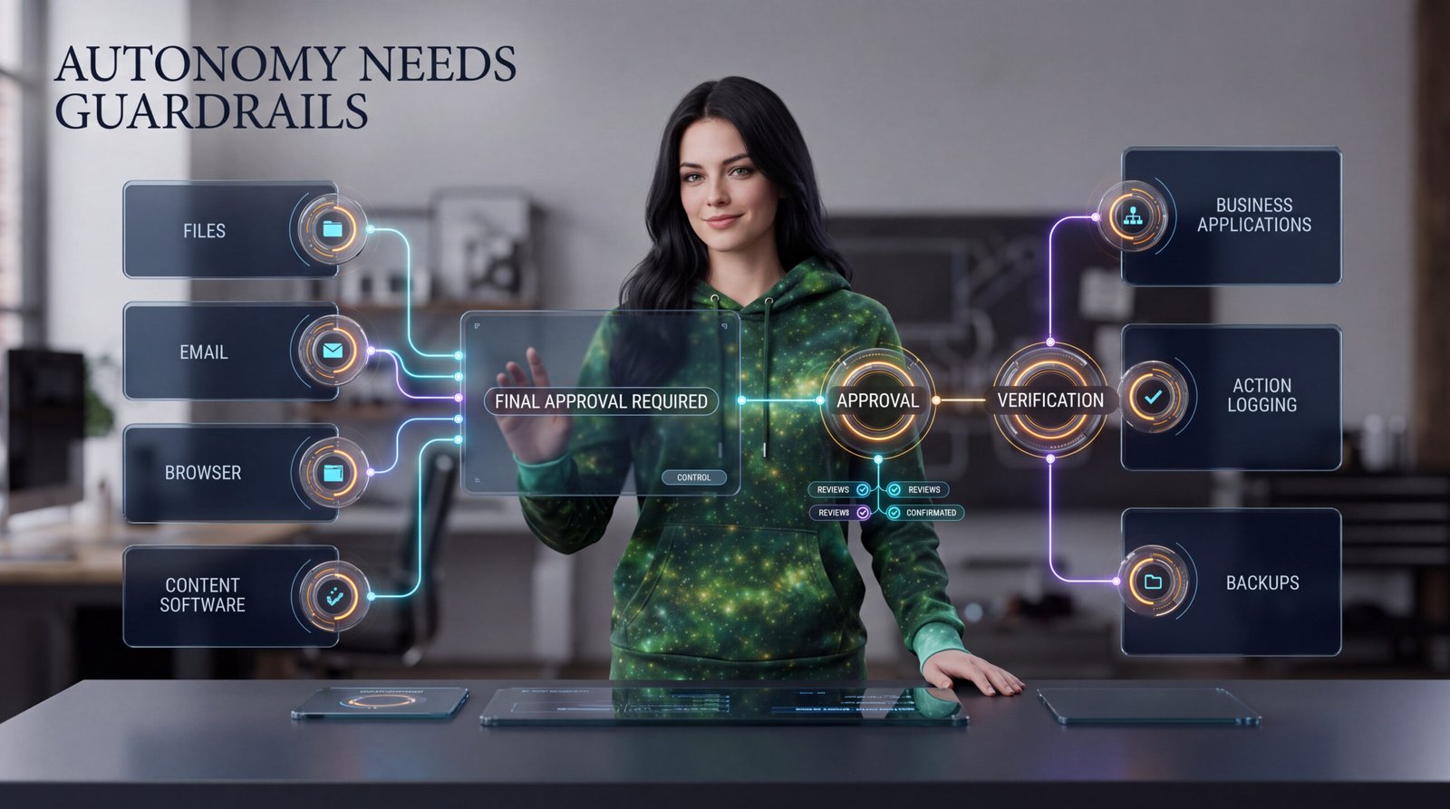 A creator supervises an AI agent using permission gates, approvals, verification, logs and backups.