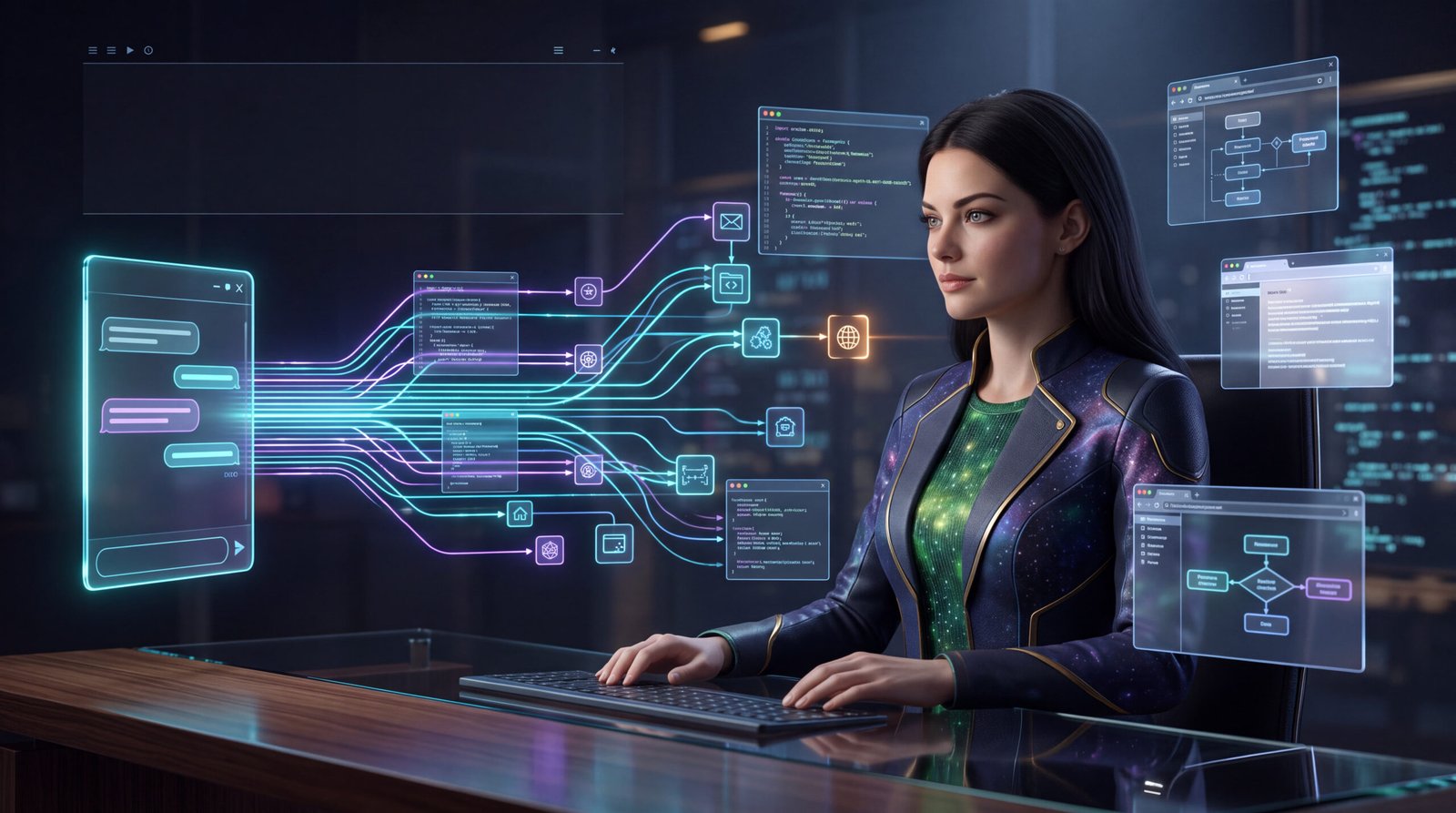 A human creator watches a simple AI chat interface expand into connected AI agents and digital tools.