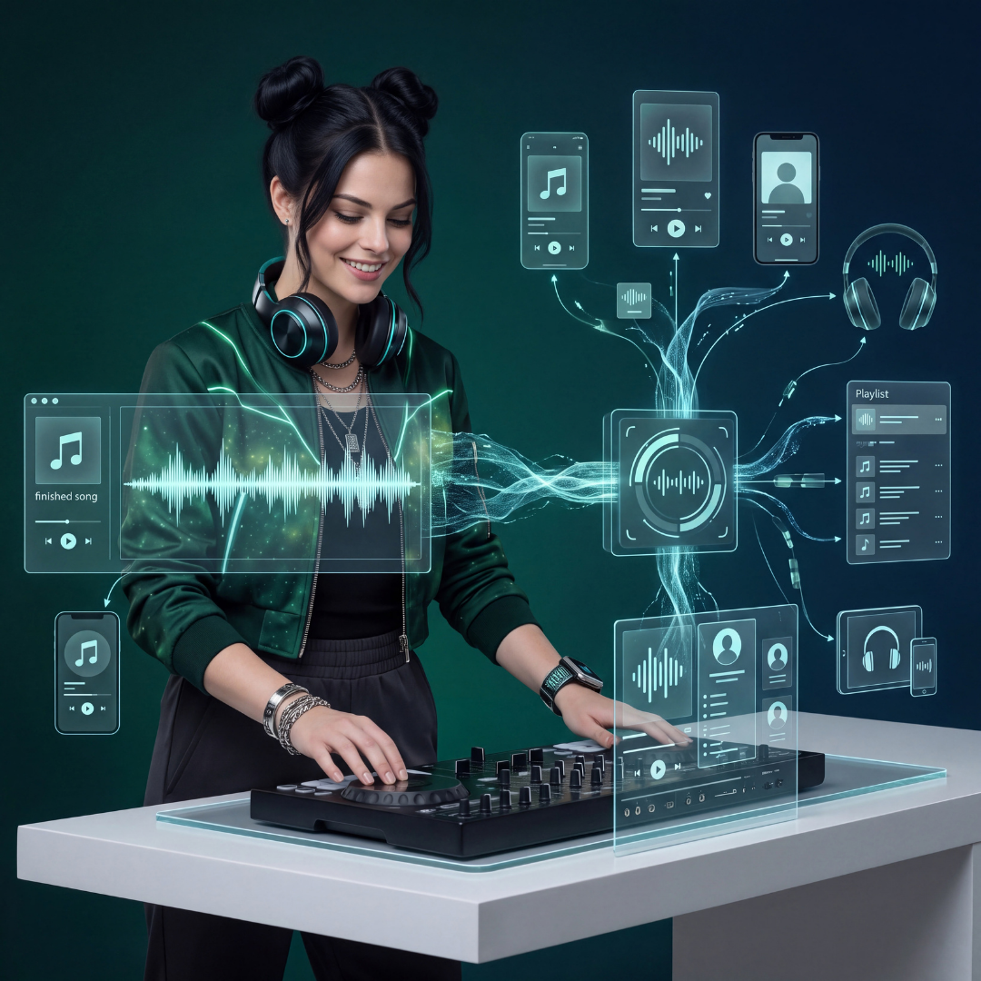 Dark-haired AI creator at a music workstation with a finished song branching toward phones, playlists, headphones, and listener devices.