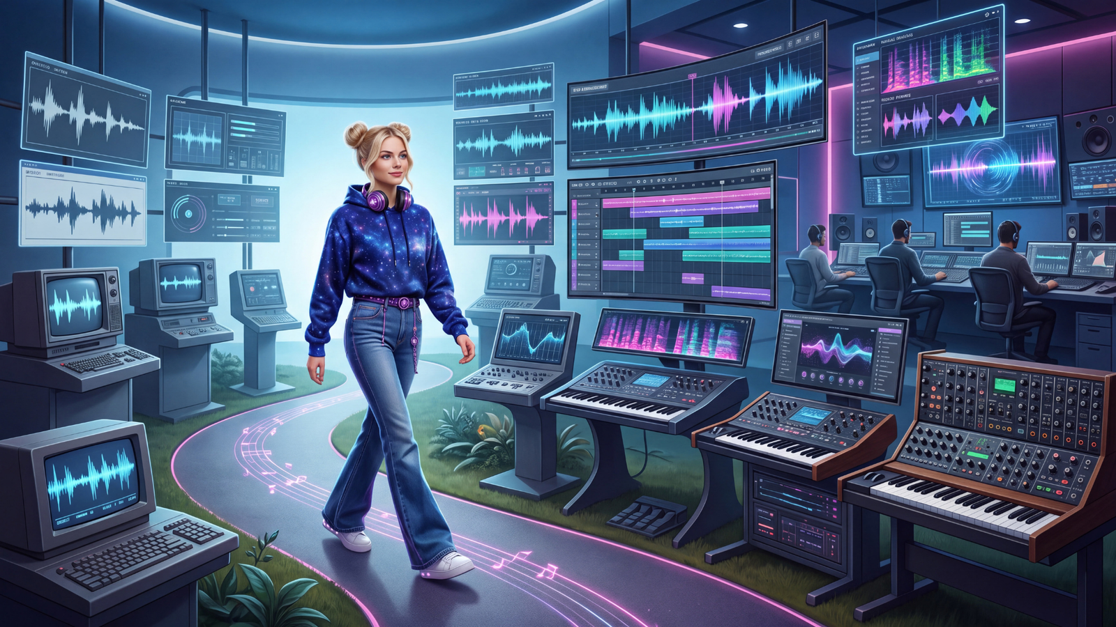 Blonde AI creator walking through music production technology from early waveform displays to modern AI-assisted studio tools.