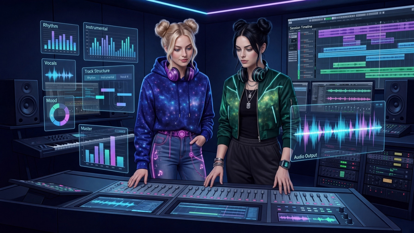Two AI creator characters exploring music prompting in a futuristic studio with waveforms, rhythm, vocals, and track structure displays.