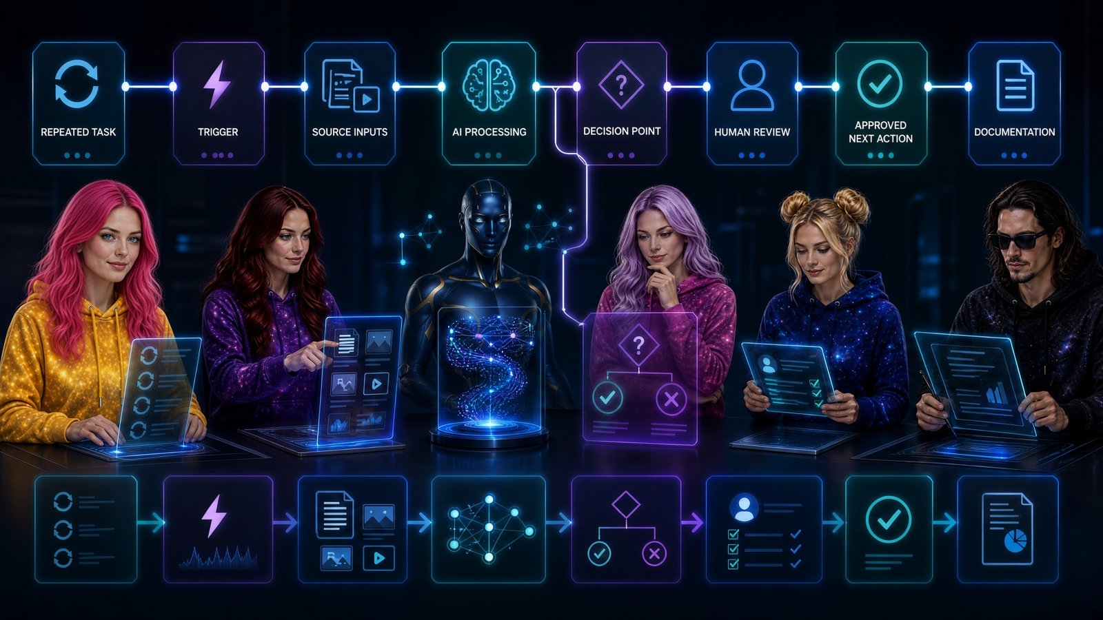 AI-assisted workflow moving from repeated task and trigger through source inputs, AI processing, decision point, human review, approved action, and documentation.