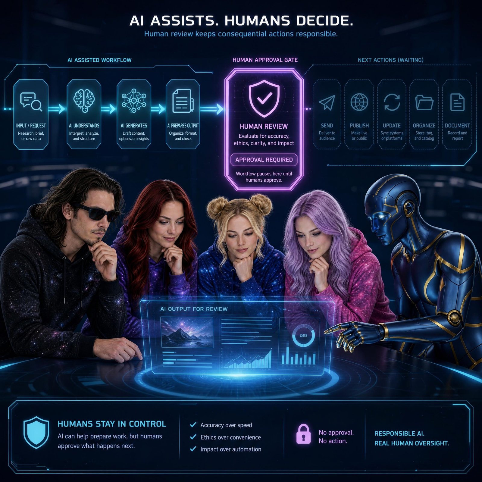 TRAIA creator characters reviewing AI output at a human approval gate before external actions can continue.