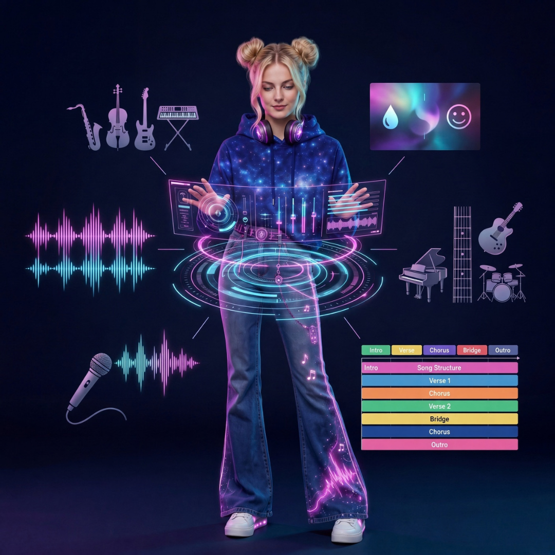 Blonde AI creator illustrating a music prompting framework with instruments, waveforms, mood elements, and song structure.