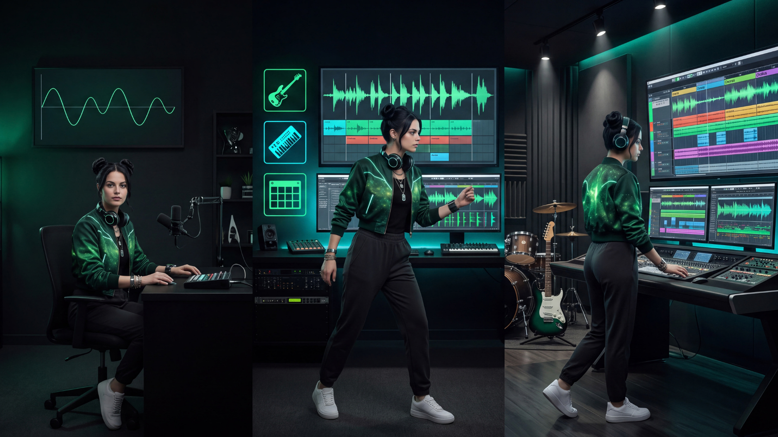 Dark-haired AI creator shown across simple, directed, and detailed music prompting production stages.