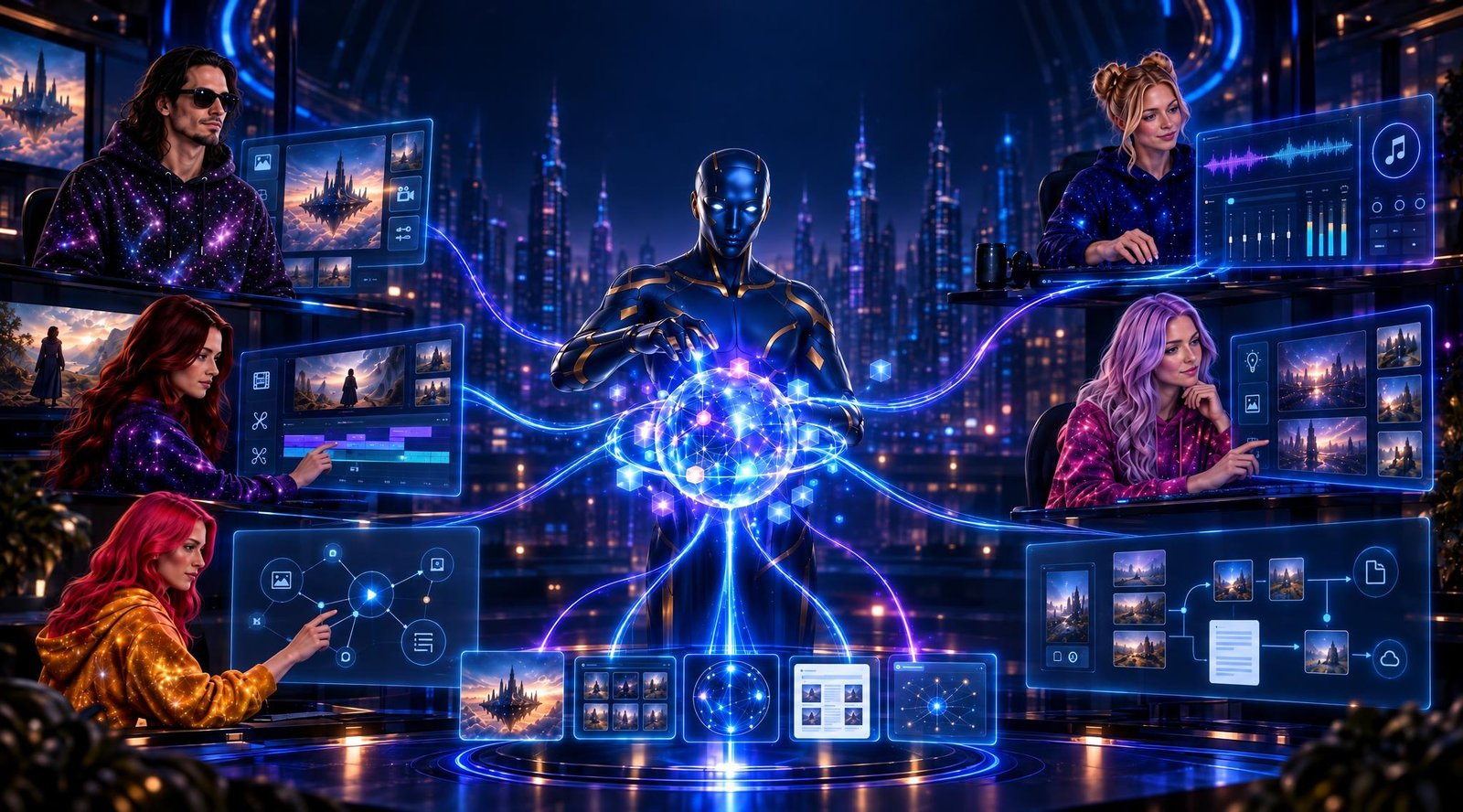 Human creators and a blue-and-gold AI figure working across connected image, video, music, and workflow systems in a futuristic creative studio.