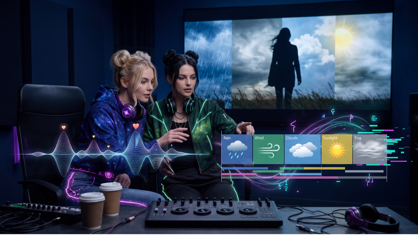 Two AI creator characters mapping a song to rain, wind, clouds, sunlight, and fog across a music video production timeline.