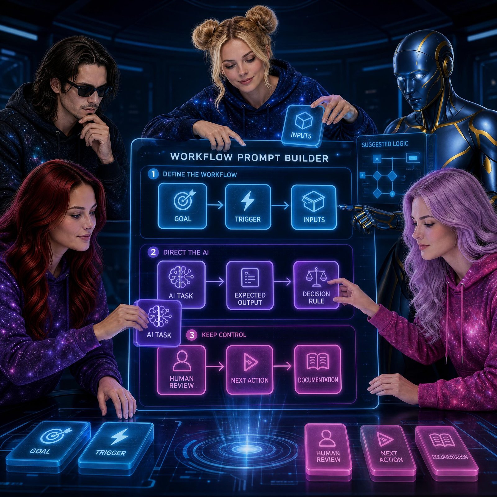 TRAIA characters assembling a workflow prompt from goal, trigger, inputs, AI task, expected output, decision rule, human review, next action, and documentation.