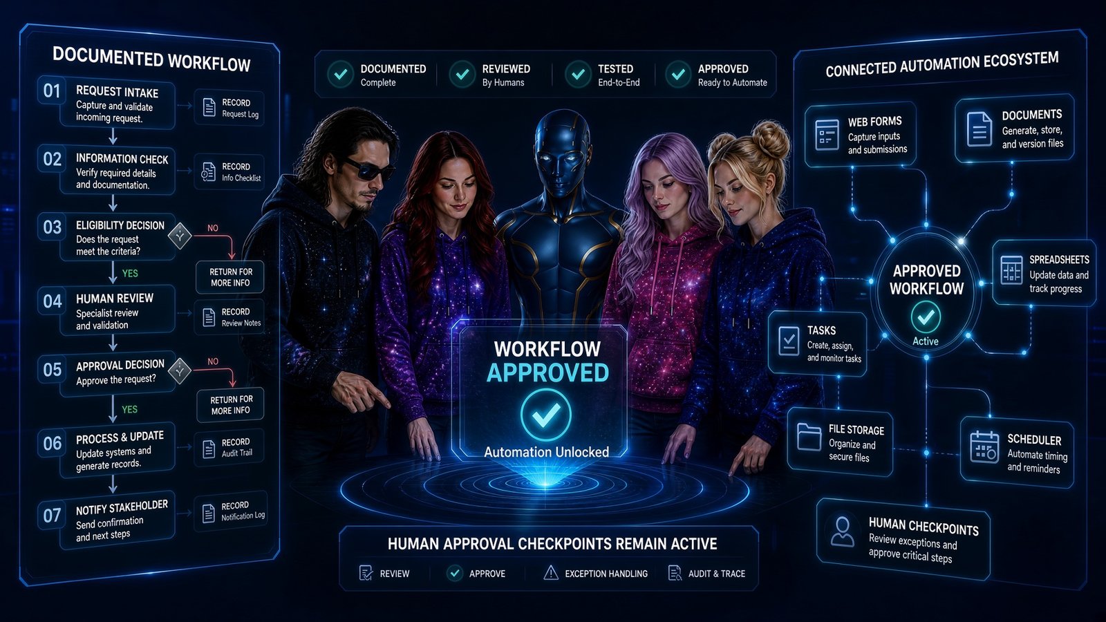 TRAIA creator characters reviewing an approved workflow before connecting it to forms, documents, spreadsheets, tasks, file storage, scheduling, and human checkpoints.